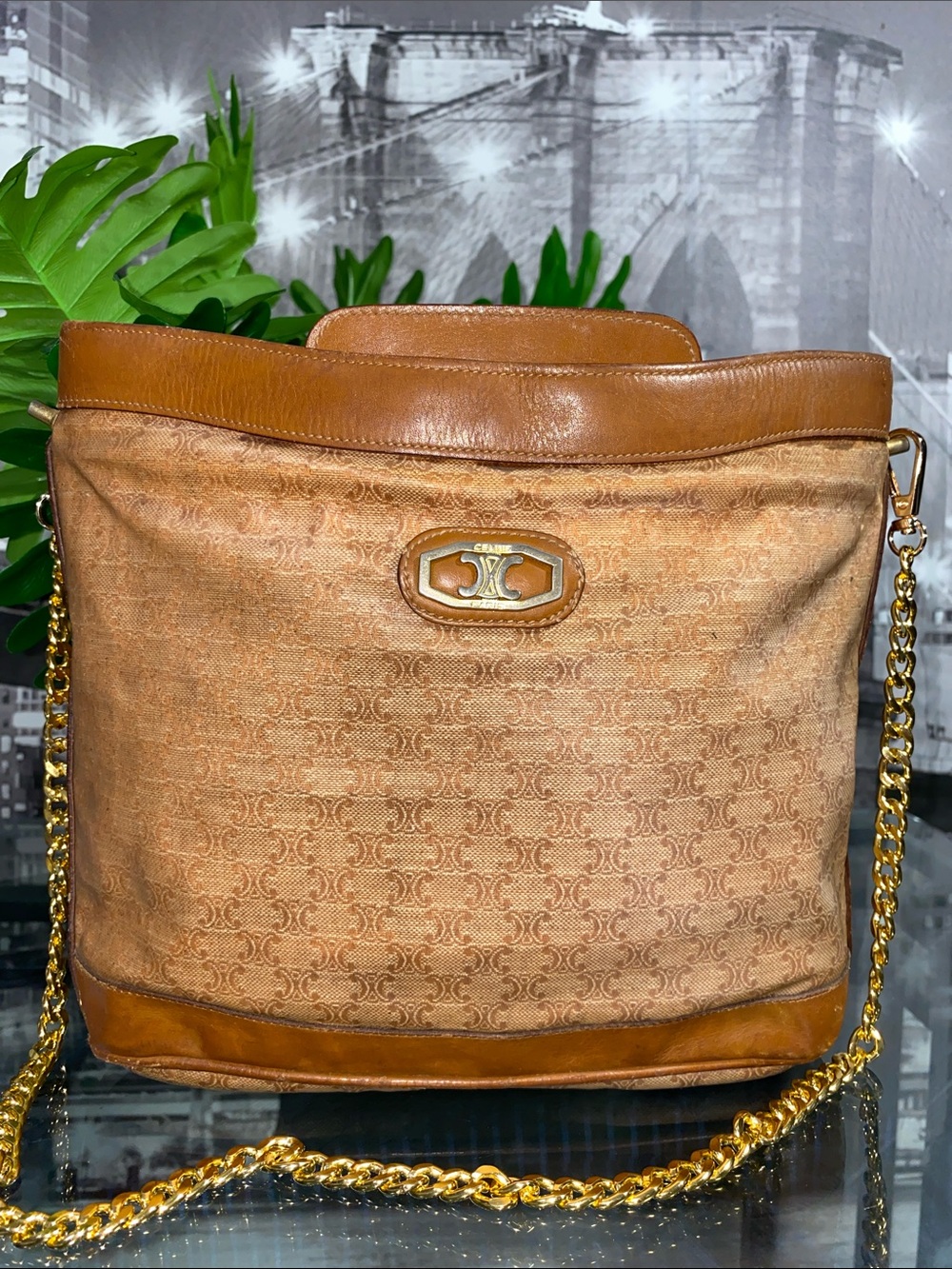 Authentic Vintage Celine Macadam Tan Brown coated Canvas & Leather Shoulder Bag